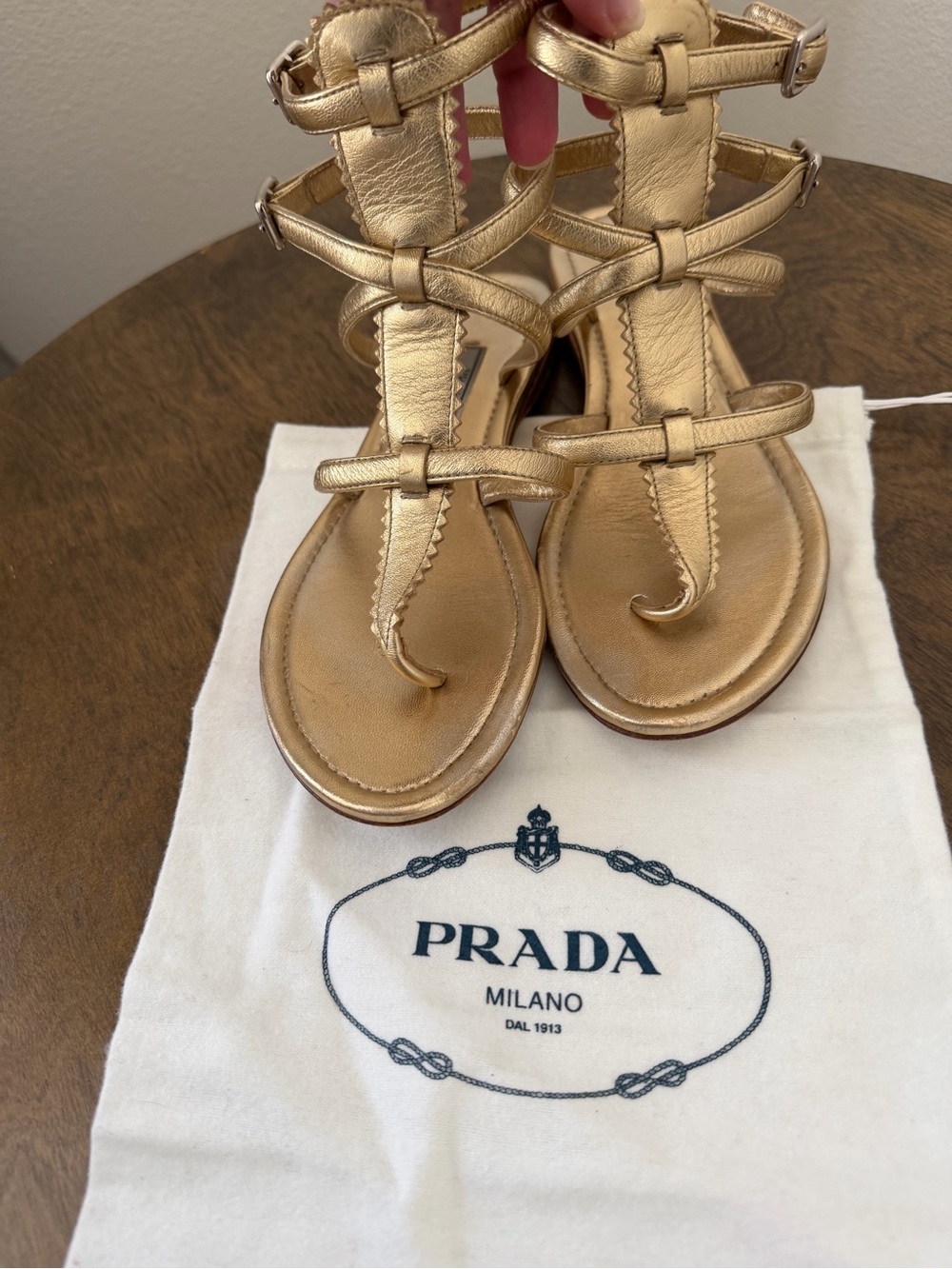 Prada Metallic Gold Leather T-Strap Flat Gladiator Sandals 37.5